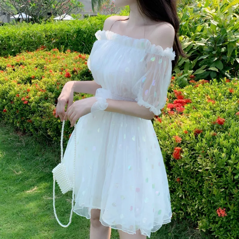 French Fairy Dress Women Elegant Off Shoulder Sequin Party Dress Women Casual Retro Korean Japan Style Kawaii Summer Dress 2020 French Fairy Dress Women Elegant Off Shoulder Sequin Party Dress Women Casual Retro Korean Japan Style Kawaii Summer Dress 2020