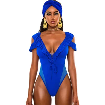 

African Style Perspective Mesh Swimwear Bathing Suit One Piece Swimsuit Blue Monokini Frills Trikini Plunge Lace Up Bodysuit