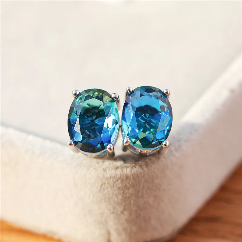 

RongXing Cute Oval Rainbow Crystal Zircon Stud Earrings for Women 925 Silver Filled Multicolor CZ Stone Earrings Fashion Jewelry