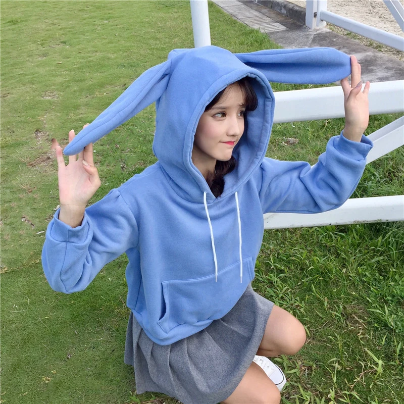 Толстовки с заячьими ушками Sudadera Kawaii Толстовка Женская Белая теплая розовая толстовка с передним пуловеры с карманом Японская уличная