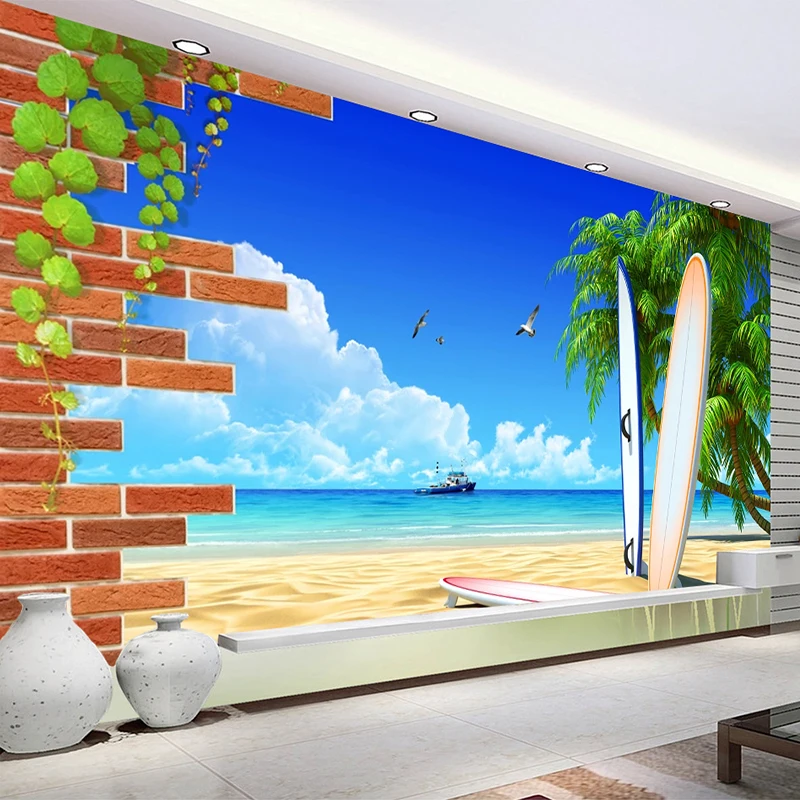 

Custom Mural Wall Art 3D Stereoscopic Brick Wall Sandy Beach Coconut Tree Photo Background Wallpaper Wall Painting Living Room