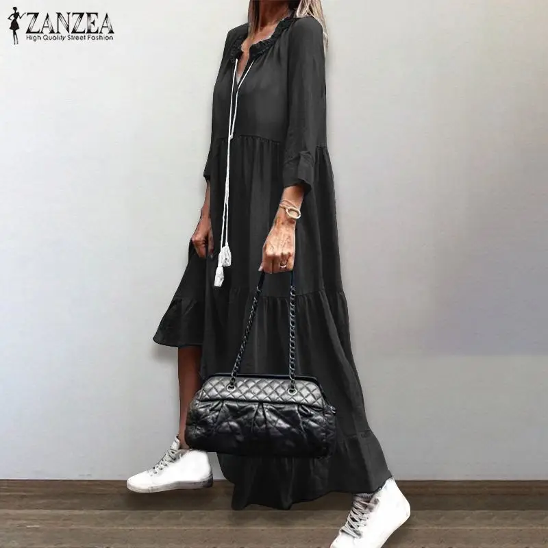 ZANZEA 2020 Casual Long Sleeve Maxi Vestidos Stylish Demin Blue Ruffle Dress Womens Autumn Sundress Female Solid Robe Oversized