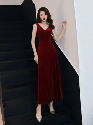 

Dress for Toast Bride 2019 New Style Spring And Summer Slimming Burgundy Velvet Marriage Huimen Banquet Return Banquet Evening D