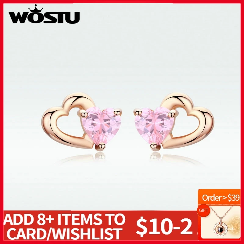

WOSTU Real 925 Sterling Silver Pink Heart Stud Earrings Zircon Rose Gold Wedding Earrings For Women Fashion Jewelry DXE090-C