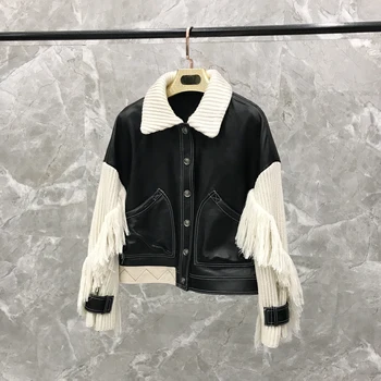 

Women's Short SheepskinKnitted Fringe Sleeve Jacket Thin Shorts Leather Set Genuine Leather Jacket Genuine Leather Jacket