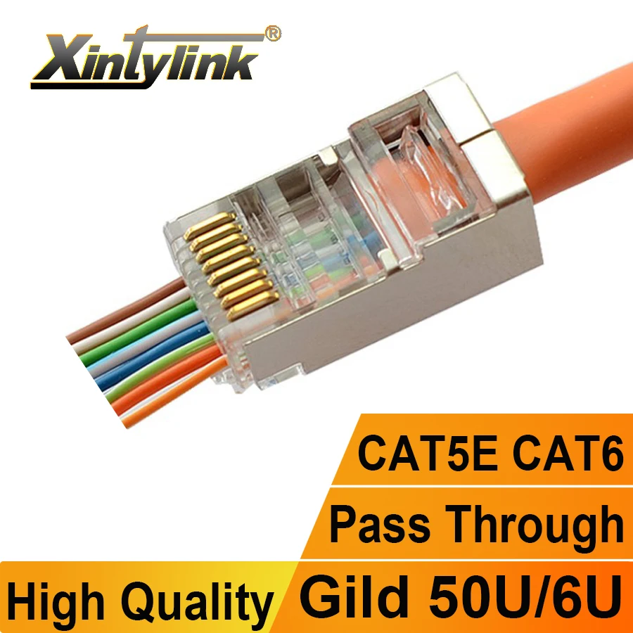 Xintylink-conector de Cabo Blindado de Metal Jack Plugue de Cabo Ethernet Rj45 Sftp Ftp Stp Cat5e Cat5 rg rj 45 Lan 50u 6u