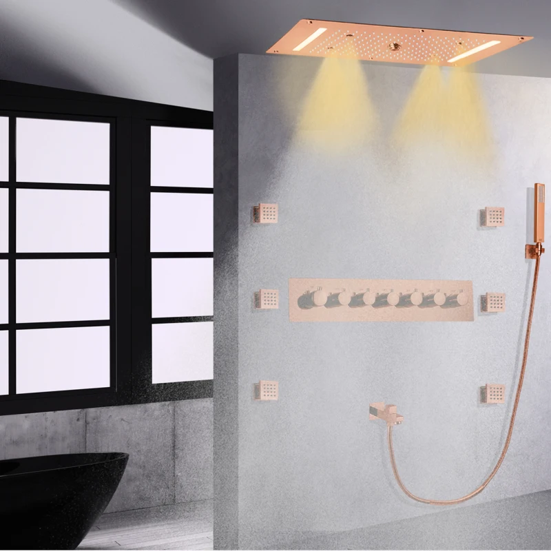 

Rose Gold Shower Faucets 70X38 CM LED Bathroom Thermostatic Rainfall Waterfall Atomizing Bubble Shower System Set