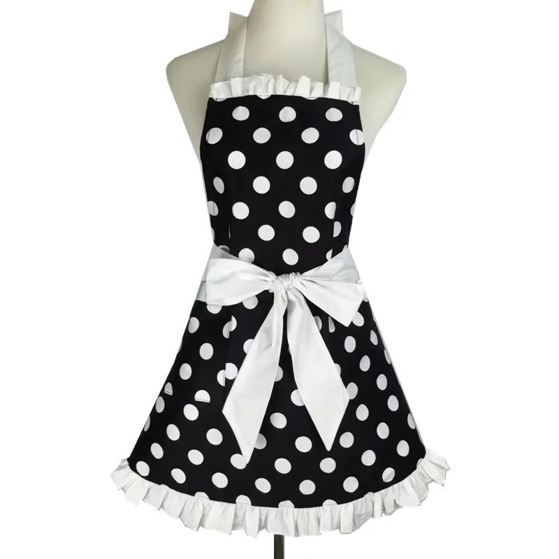 Lovely Cute Black Red Retro Ruffle Side Sexy Lady Kitchen Cooking Apron with Pocket Gift for Women Girls Chef Housewarming