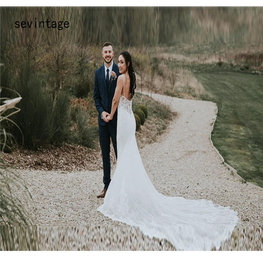 

sevintage Bohemian Wedding Dress 2020 Spaghetti straps Appliques Romantic Backless Boho Beach Bridal Gowns vestido de noiva