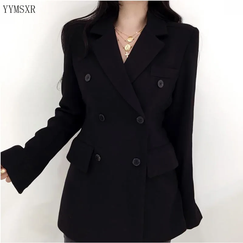 

Temperament Women's Jacket Top 2019 new autumn and winter slim black blazer coat Women's mid-length jacket Large size