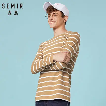 SEMIR мужская полосатая футболка с длинным рукавом для мужчин из хлопка, Классическая трикотажная рубашка в рубчик с круглым вырезом, топ в повседневном стиле - Цвет: Coat white tone