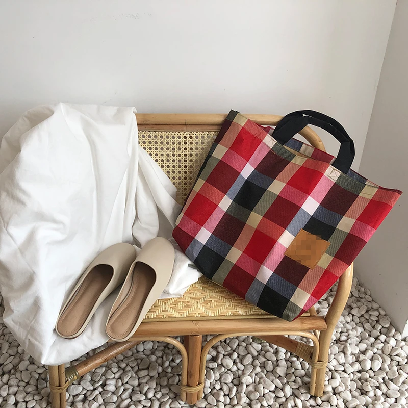 Black Red Grid Prints Shopping Bag Folded Woman Handbags Girl Book Bags Portable Shopping Handbag Recycling Eco Tote Organizer