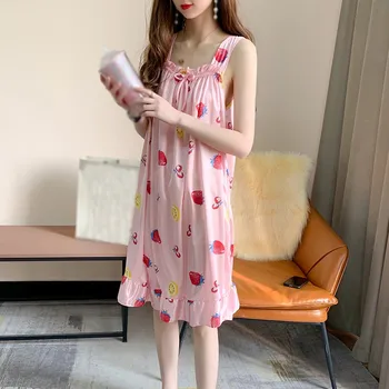 

Summer Sling Nightdress Cute Cartoon Fruit Prints Nightgowns Home Wear Ruffles Hem Sleepwear With Bow