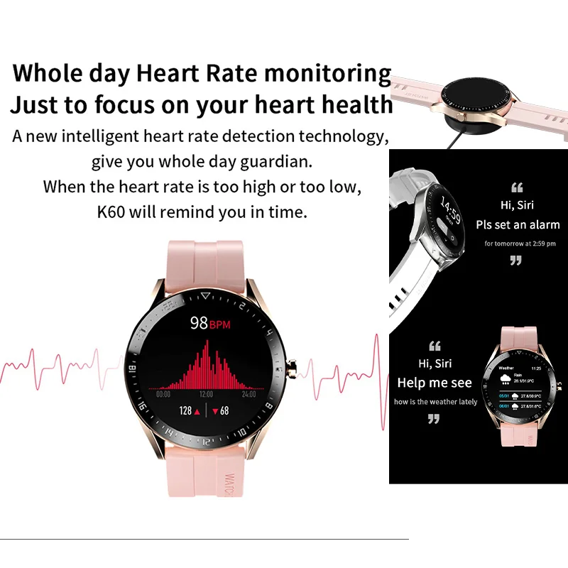 Reloj inteligente k60 para hombre y mujer, reloj inteligente deportivo con  control del ritmo cardíaco y de la presión sanguínea, conexión Siri de gran  batería, relojes de pulsera de juegos para IOS
