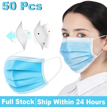 

50Pcs Disposable Protection Face Masks Anti-Dust Mouth Face Mask Non Woven Protective 3 Layers Filter Earloops Masks