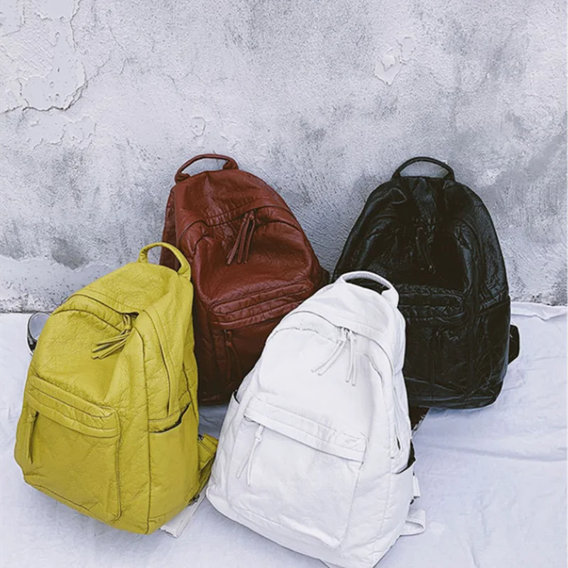 

Texture PU Water-washed Bi-Shoulder Bag Female hot Soft-leather White Backpack for Autumn