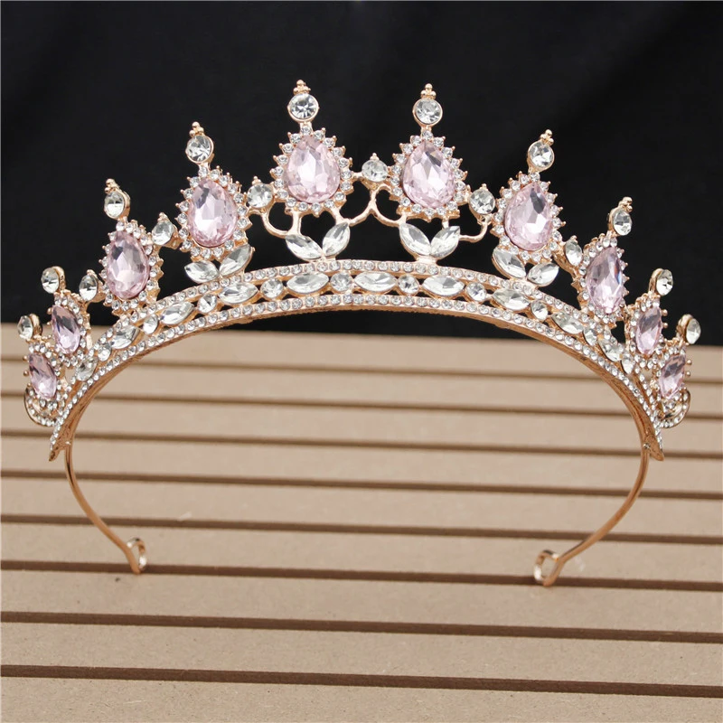 Винтажная королевская свадебная тиара, корона с зеленым кристаллом, женские головные украшения, свадебные диадемы и короны, свадебные украшения для волос, аксессуары - Окраска металла: Gold Pink