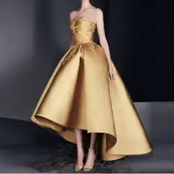 Элегантное Золотое вечернее платье с без бретелек платья на выпускной с аппликацией Hi-Lo поезд сзади молния на заказ