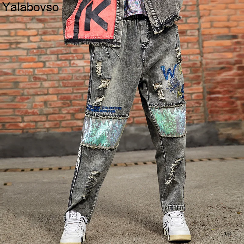 

Trendy Jeans Mujer Women's Autumn Embroidered Hole Elastic Waist Retro Loose Large Size Casual Pants Sequins Heavy Harem Pants