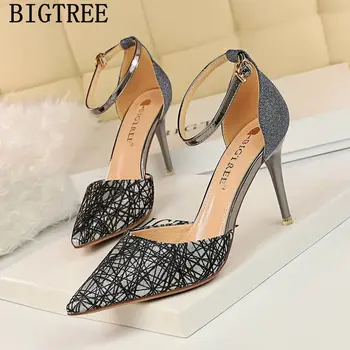 

BIGTREE Elegant Sequined Cloth High Heels Stiletto High Heel Shallow Mouth Pointed Hollow Breathable Wedding Shoes