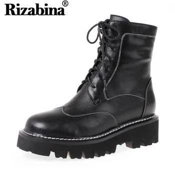 

RIZABINA 2020 Woman Genuine Leather Ankle Boots Cross Strap Winter Black Shoes Women Round Toe Fashion Botas Size 34-40