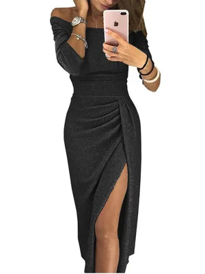 BUENOS длинное сексуальное платье с открытыми плечами, вечерние платье Для женщин Высокий разрез Bodycon Shein платье с рукавом «три четверти» Яркий шелковый Блестящий vestidos - Цвет: Черный