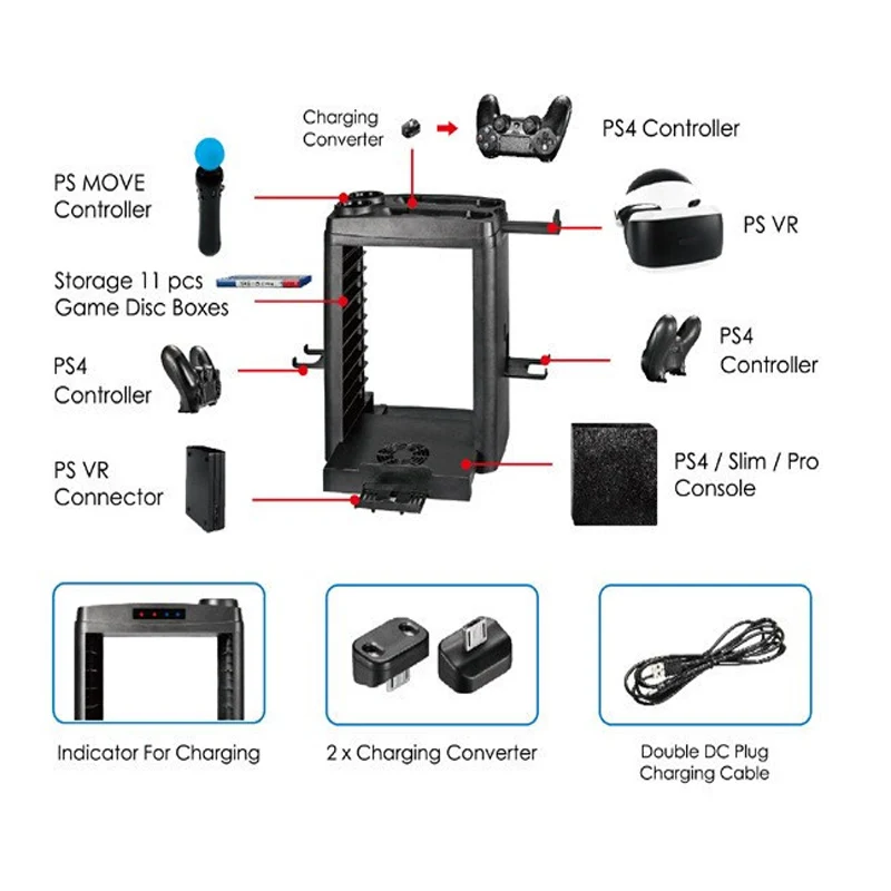 PSVR PS4 Pro Slim PS Move Charging Dock Vertical Stand and PS4 Game Storage TowerFan Cooler Control