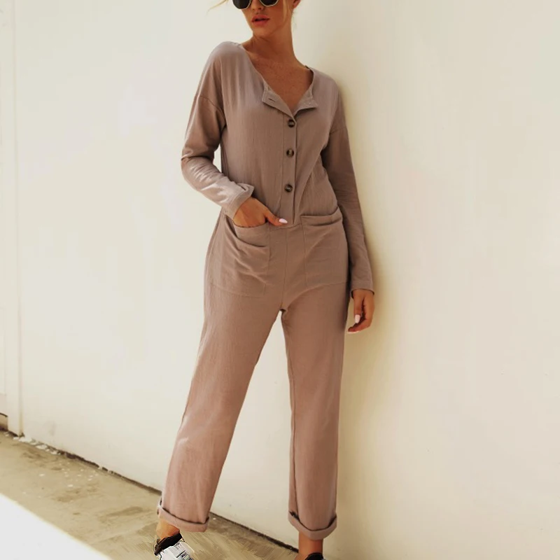 

Women Slim Jumpsuit Round Neck Pocket Buttons Long Sleeve overalls casual autumn ladies solid color pants Outfit Romper ladies