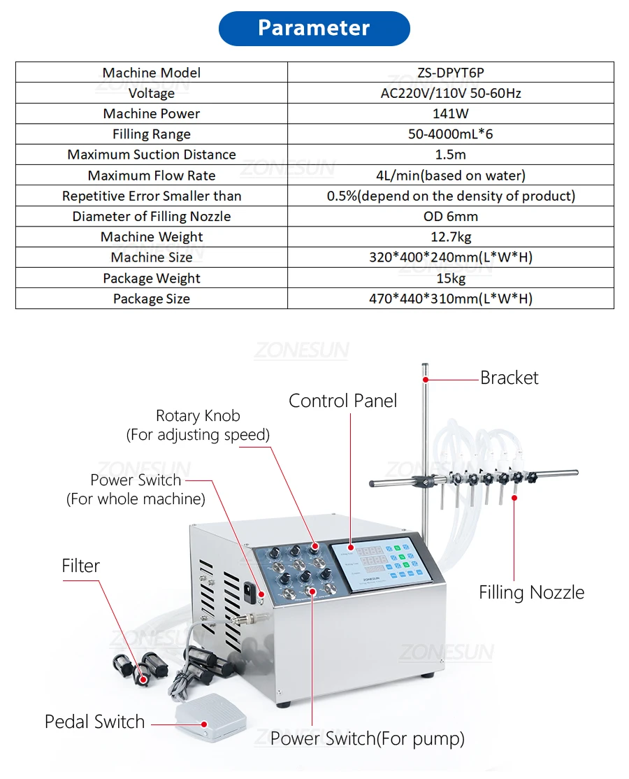 ZONESUN ZS-DPYT6P  6 Nozzles Liquid Filling Machine Water Bottle Filler