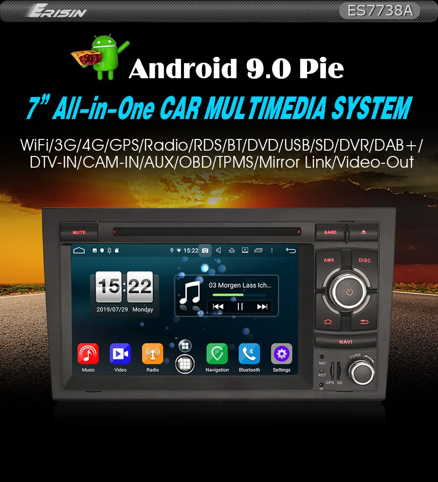 Erisin ES7738a 7 дюймов Android 9,0 Восьмиядерный 4 Гб ram Автомобильный DVD Радио BT для Audi A4 S4 RS4 Seat Exeo