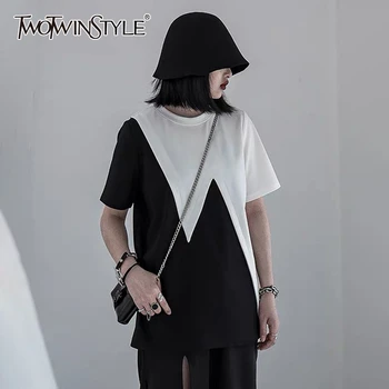 

TWOTWINSTYLE Casual Patcwhork Irregular Women T-shirts O Neck Short Sleeve Loose Asymmetrical Hit Color T Shirts Female Fashion