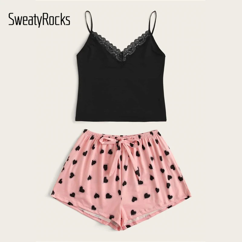 SweatyRocks топ на бретельках с цветными блоками и кружевной отделкой, шорты с сердечками, короткие комплекты без рукавов для женщин, повседневные сексуальные пижамные комплекты
