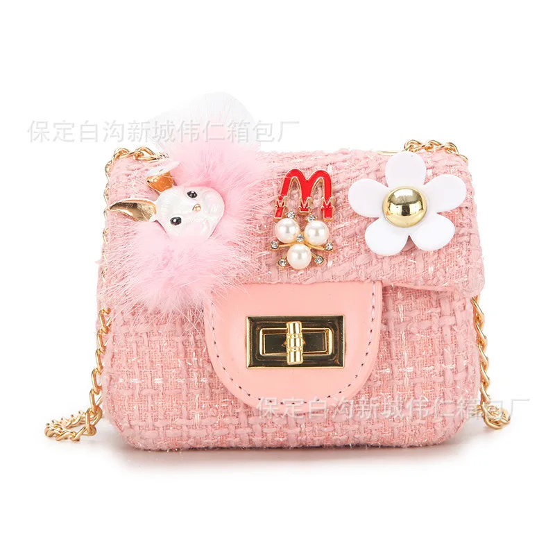 

2019 New Style Fashion Children Bag Lock Chain Shoulder Bag Rabbit Head Flower Decoration gong zhu bao Oblique Bag