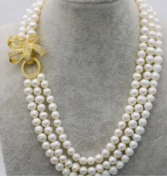

Free shipping Natural 3rows freshwater white pearl near round 7-8mm pearls 18-20" with zircon clasp necklace