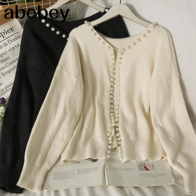 2022 Fall Beaded Cardigan Temperament V-neck Long Sleeve Sweater Women's New Loose and Thin Pure Color Knitwear black cardigan |