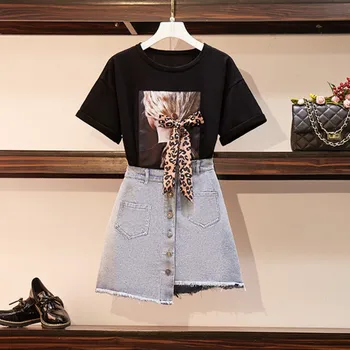 

New 2020 Summer Women's Leopard Print Bow T-shirt + Single-breasted irregular Denim Mini Skirt Fashion 2 Piece Set Plus Size