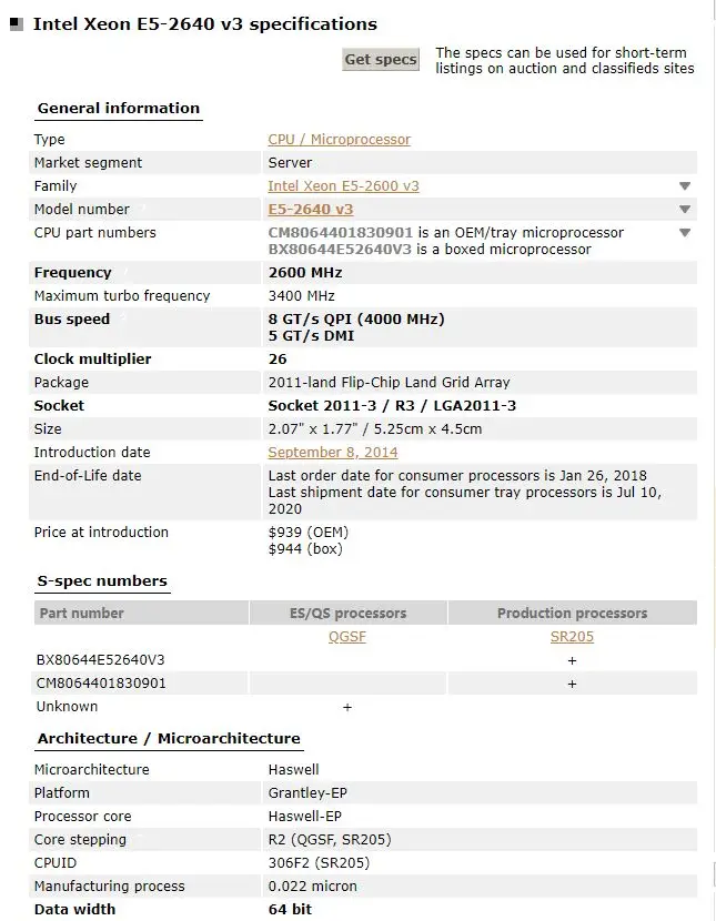 Intel Xeon E5 2640 V3 Processor SR205 2.6Ghz 8 Core 90W Socket LGA 2011-3 CPU E5 2640V3 CPU best processor for laptop