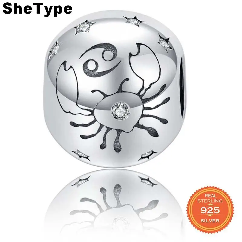 

SheType Water Sign Constellation Round Beads for Women Jewelry Making Cancer Clear Star Charm 925 Solid Sterling Silver