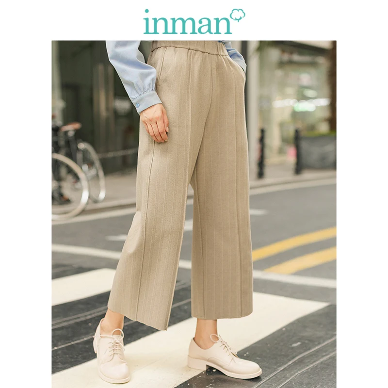 

INMAN 2019 Autumn Winter New Arrival Medium Waist Elastic Waist Minimalism All Matched Straight Twill Women Casual Loose Pants