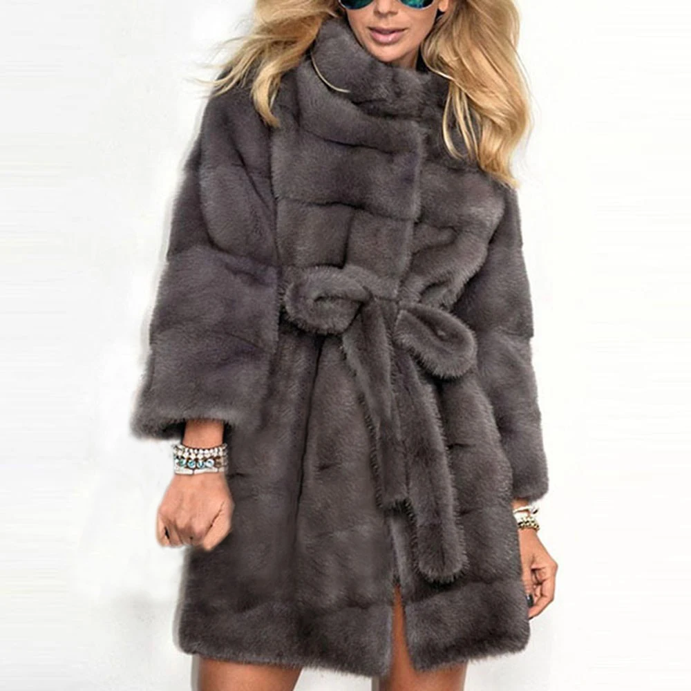 Retro Faux Fur Overcoat Women New Winter Warm Fluffy Sashes Plus Size Gray Jacket Coat Elegant Causal Outwear 4XL Black