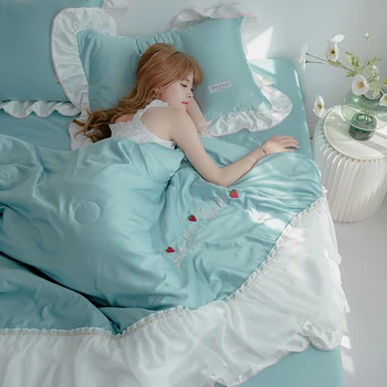 

High End Hot Products Embroidery Solid Color Air Conditioner Blanket Washed Silk Double Comforters Bedspread Sheet Pillowcase #/