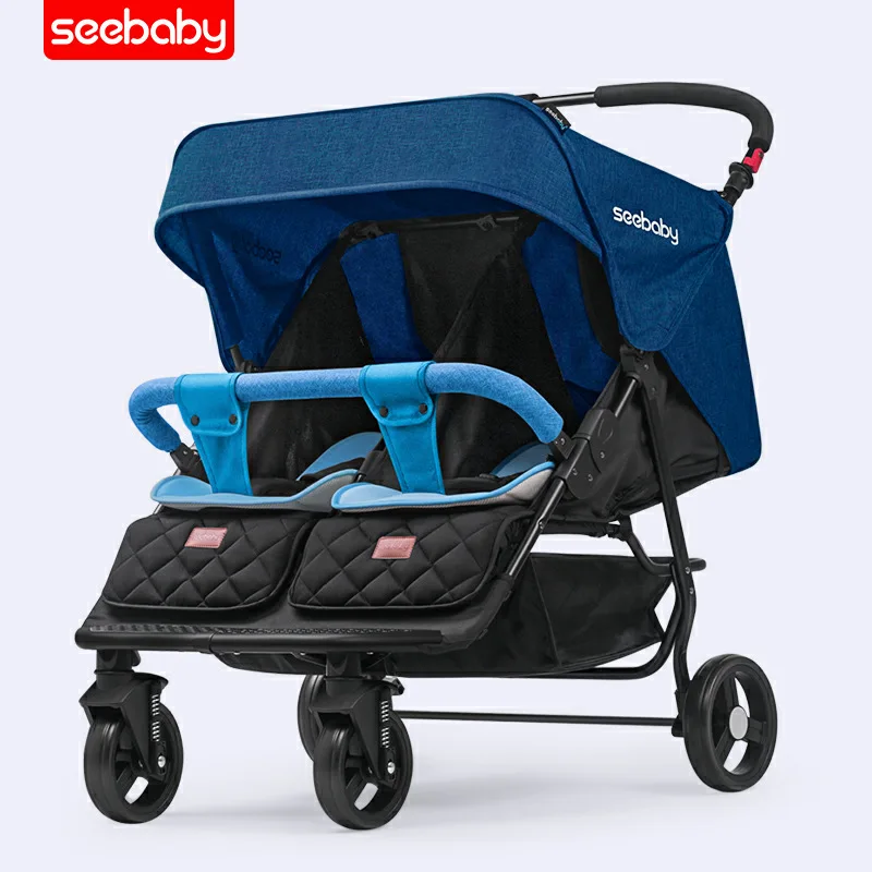 Seebaby, детская коляска для близнецов, может лежать, складывается, двойное сиденье, коляска, светильник для новорожденных, коляска для близнецов 0-4 лет - Цвет: blue