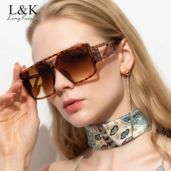 

LongKeeper Fashion Women Oversized Sunglasses Brand Designer Plastic Female Sun Glasses UV400 Leopard Pink lentes de sol mujer