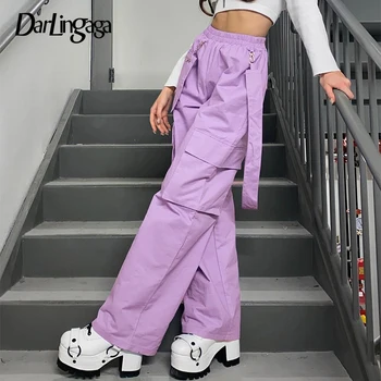 

Darlingaga Streetwear Loose Straight High Waist Pants Big Pockets Belt Casual Trousers Track Cargo Pants Women Sweatpants Bottom