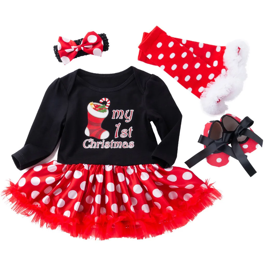 4PCS Newborn Girls Christmas Dress Letter printed Mini Tutu Dress Kids Party Princess Dresses Outfits Set Ropa Navidad#LR2
