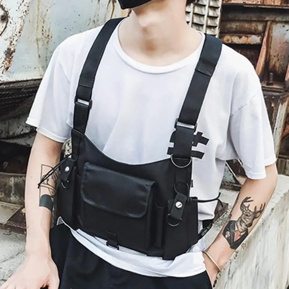 Fashion Men Chest Bag Multi Pockets Double Straps Nylon Chest Bag Vest Hip Hop Streetwear Pack