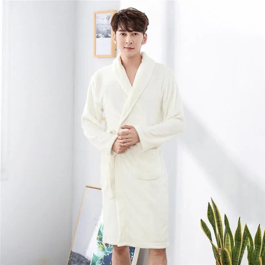 Зимний мужской халат, сохраняющий тепло, кимоно, одежда для сна, фланелевая ночная рубашка, повседневный халат с поясом, домашняя одежда, мягкая ночная рубашка - Цвет: Beige