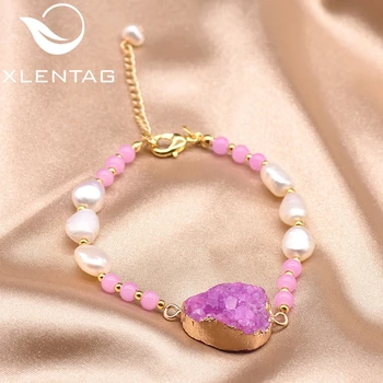 

XlentAg Natural Crystal Baroque Pearls Pink Bracelets Adjustable For Women Romantic Gifts For Lovers Engagement Jewelry GB0186A