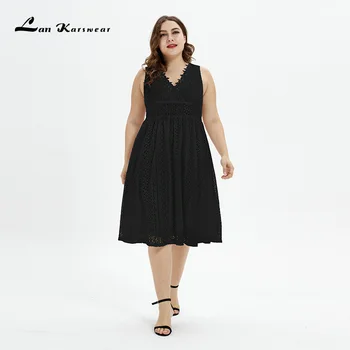 

Summer Dress 2019 Lace Sleeveless Fashion Fat MM Slim Waist Pure Color Hollow V-Neck Casual Boutique Clothes