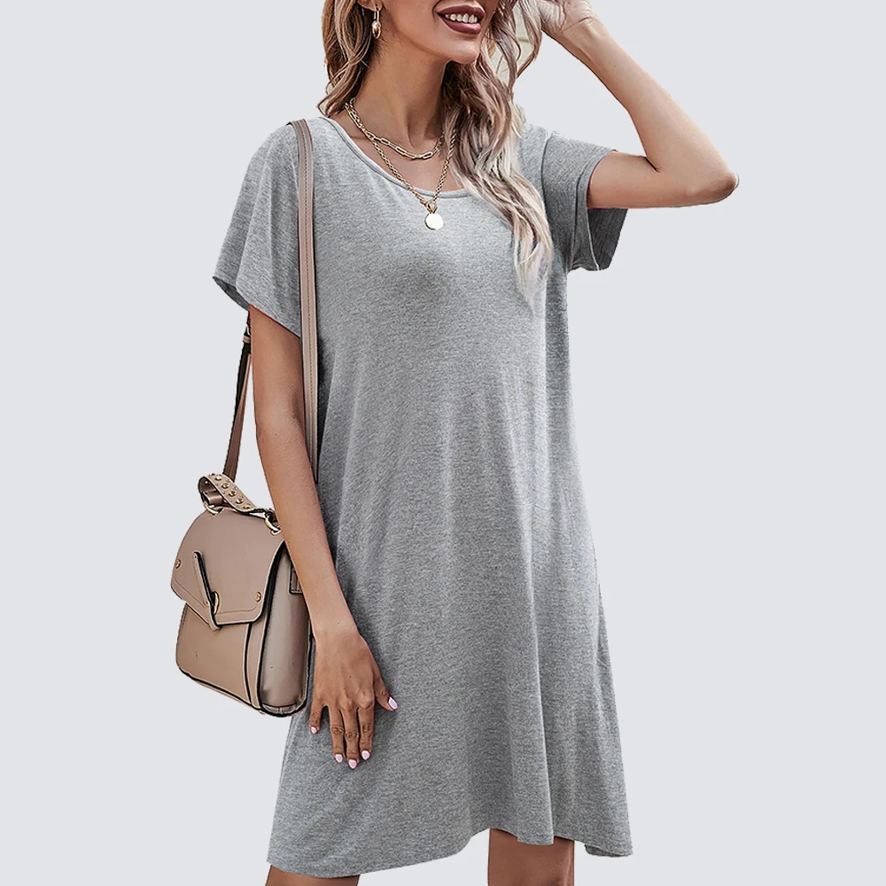 

Women Summer Brief Short Sleeve Round Neck Cross Back Loose Shift Mini Tee Dress 1HA147